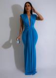 Blue Sleeveless Deep V Neck Pleated Evening Prom Party Maxi Dress