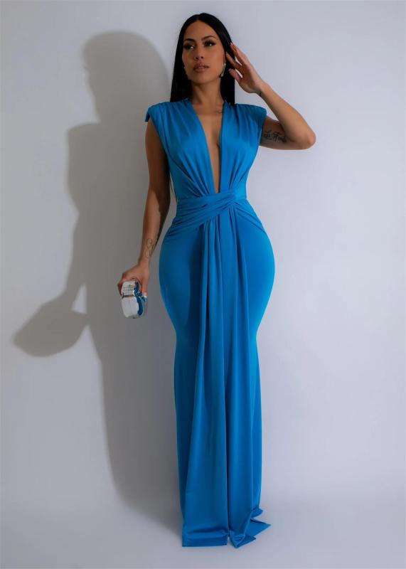 Blue Sleeveless Deep V Neck Pleated Evening Prom Party Maxi Dress