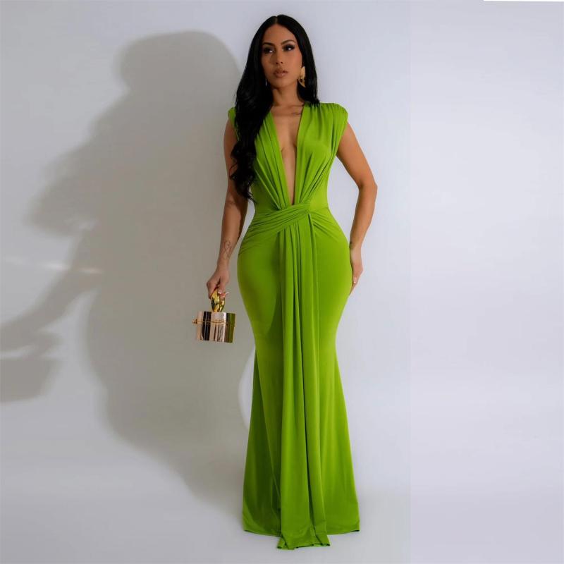 Green Sleeveless Deep V Neck Pleated Evening Prom Party Maxi Dress