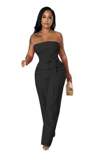 Black Sleeveless Off Shoulder Pleated Belt Sexy Wide Leg Jumpsuits