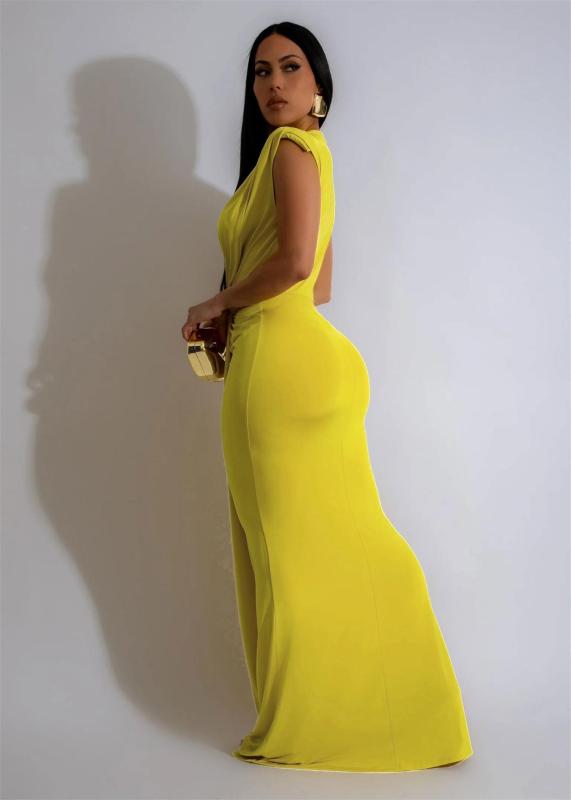 Yellow Sleeveless Deep V Neck Pleated Evening Prom Party Maxi Dress