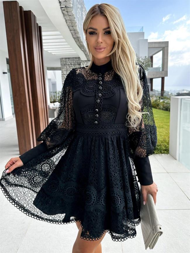 Black Lantern Sleeve Lace Embroidered Hollow Out Fashion Skirt Mini Dress