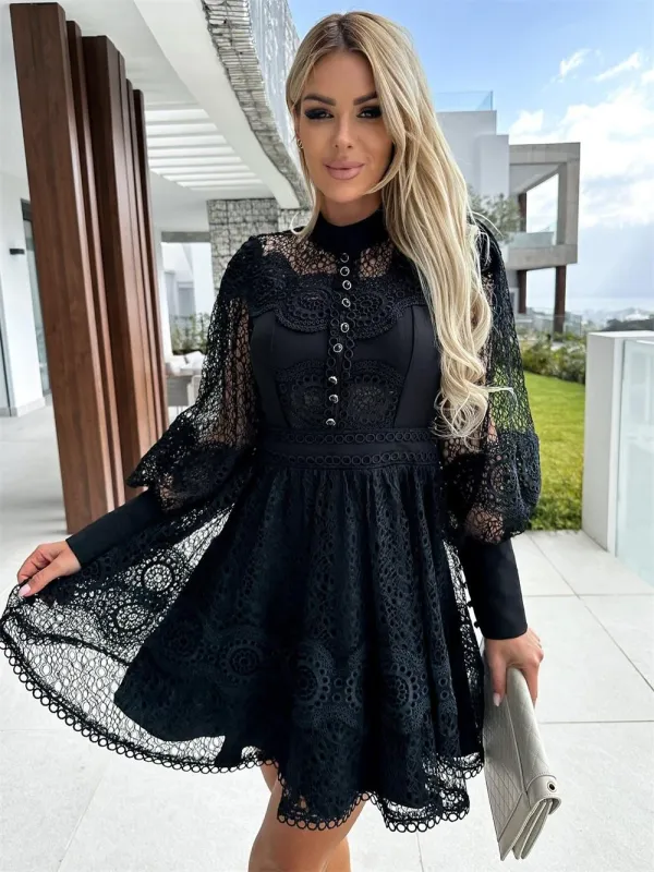 Black Lantern Sleeve Lace Embroidered Hollow Out Fashion Skirt Mini Dress