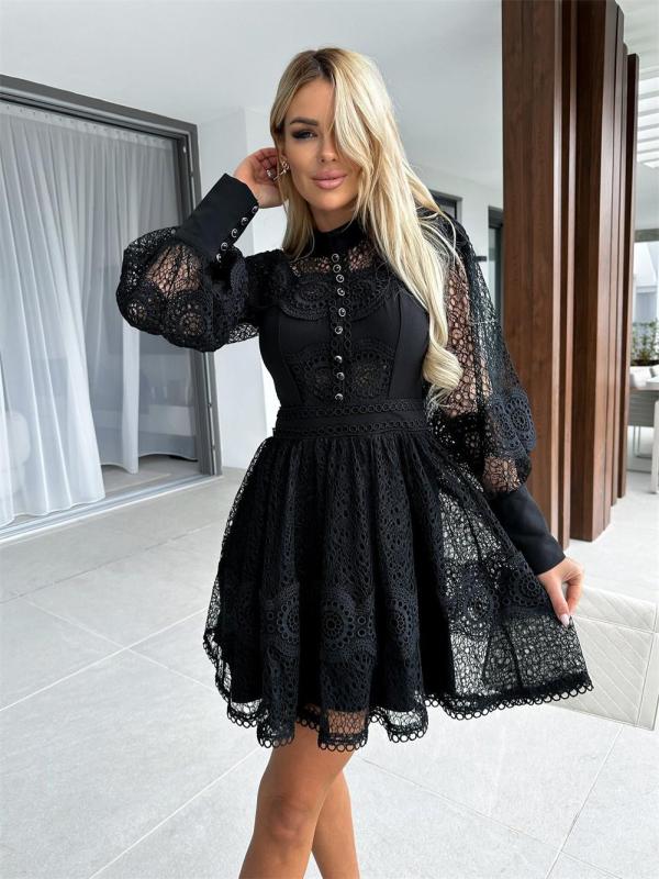 Black Lantern Sleeve Lace Embroidered Hollow Out Fashion Skirt Mini Dress
