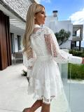 White Lantern Sleeve Lace Embroidered Hollow Out Fashion Skirt Mini Dress