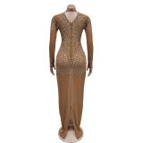 Brown Mesh Long Sleeve Crystal Bodycon Evening Formal Party Maxi Dress
