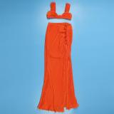 Orange Halter Low Cut Crop Tops Pleated Two Pieces Skirt Long Dress