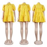 Yellow Short Sleeve Loose Fit Women Button Cardigan Casual Skirt