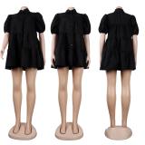 Black Short Sleeve Loose Fit Women Button Cardigan Casual Skirt