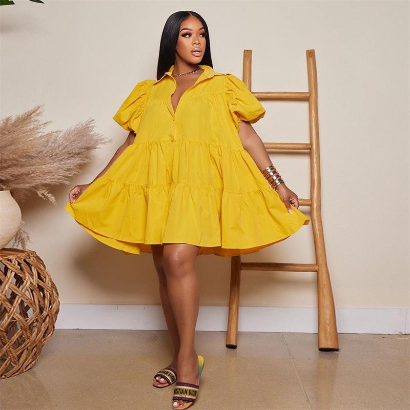 Yellow Short Sleeve Loose Fit Women Button Cardigan Casual Skirt