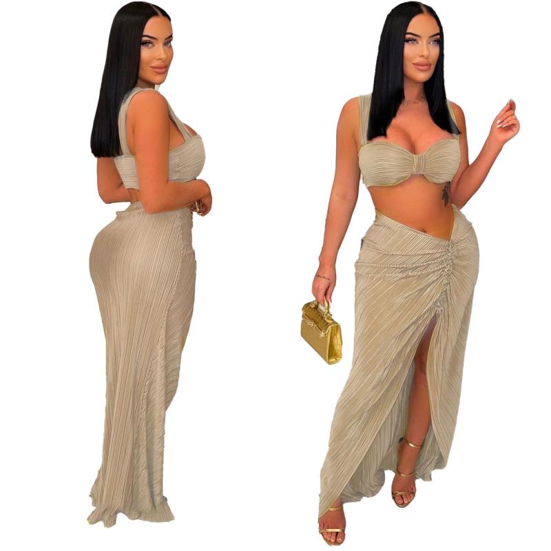 Beige Halter Low Cut Crop Tops Pleated Two Pieces Skirt Long Dress