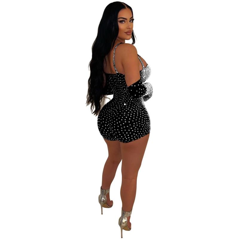 Black Straps Low Cut Sexy Crystal Mesh Party Dance Rompers with Gloves