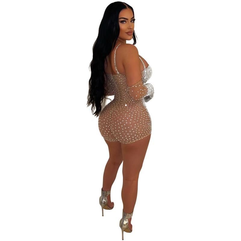 Beige Straps Low Cut Sexy Crystal Mesh Party Dance Rompers with Gloves