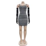 Black Halter Low Cut Crystal Sexy Bodycon Party Mini Dress with Gloves