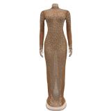 Brown Mesh Long Sleeve Crystal Bodycon Evening Formal Party Maxi Dress