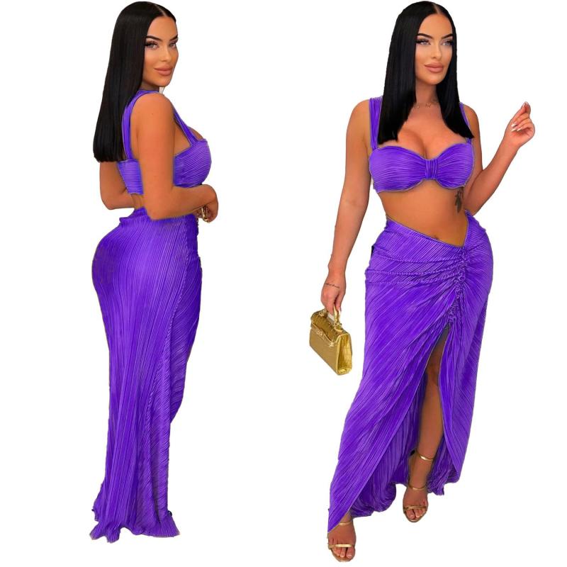 Purple Halter Low Cut Crop Tops Pleated Two Pieces Skirt Long Dress