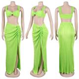 Green Halter Low Cut Crop Tops Pleated Two Pieces Skirt Long Dress