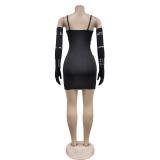 Black Halter Low Cut Crystal Sexy Bodycon Party Mini Dress with Gloves