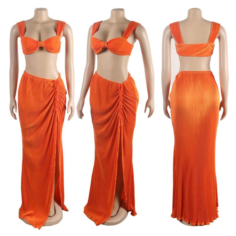 Orange Halter Low Cut Crop Tops Pleated Two Pieces Skirt Long Dress