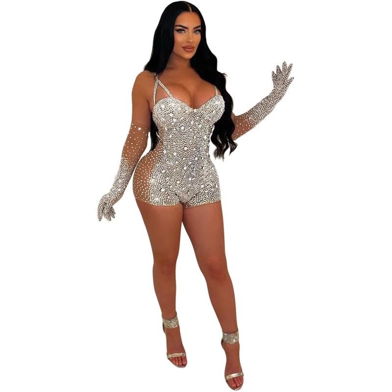 Beige Straps Low Cut Sexy Crystal Mesh Party Dance Rompers with Gloves