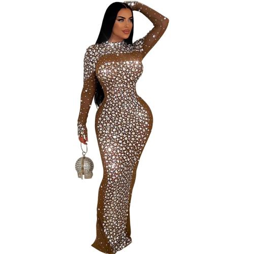 Brown Mesh Long Sleeve Crystal Bodycon Evening Formal Party Maxi Dress