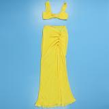 Yellow Halter Low Cut Crop Tops Pleated Two Pieces Skirt Long Dress