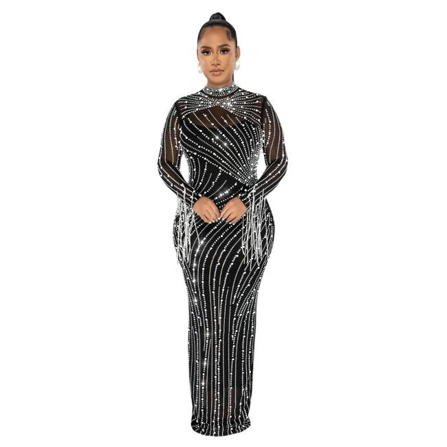 Black Mesh Tassels Long Sleeve Crystal See Through Elegant Prom Maxi Dress