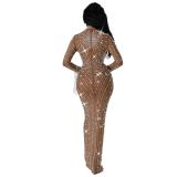 Brown Mesh Tassels Long Sleeve Crystal See Through Elegant Prom Maxi Dress