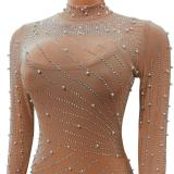 Brown Mesh Tassels Long Sleeve Crystal See Through Elegant Prom Maxi Dress