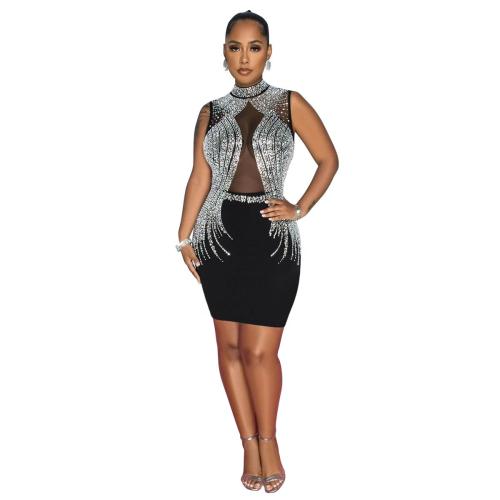 Black Sleeveless Mesh Crystal Bodycon Prom Party Mini Dress