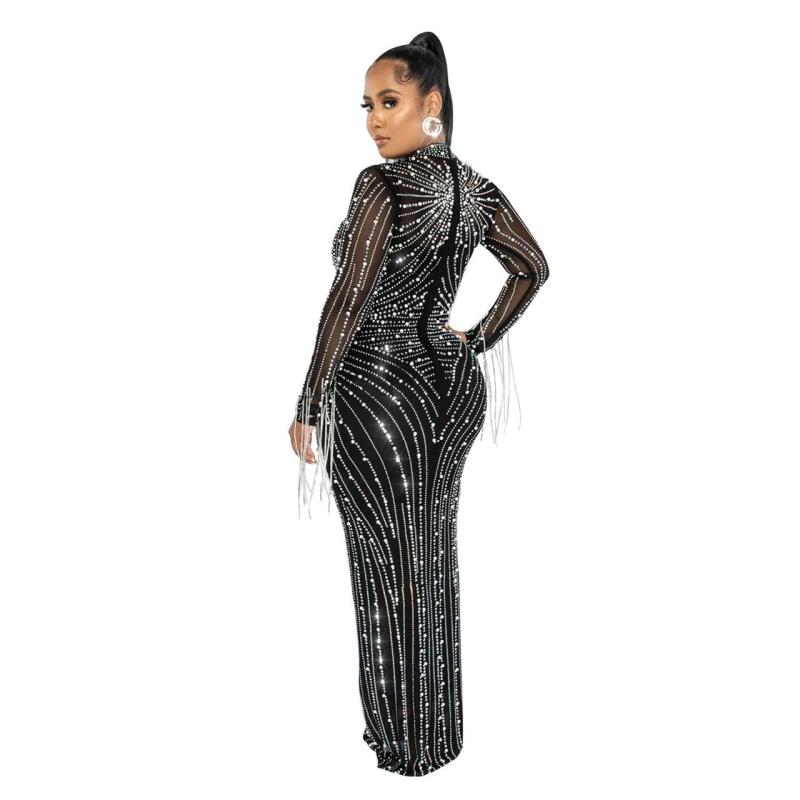 Black Mesh Tassels Long Sleeve Crystal See Through Elegant Prom Maxi Dress