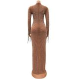 Brown Mesh Tassels Long Sleeve Crystal See Through Elegant Prom Maxi Dress