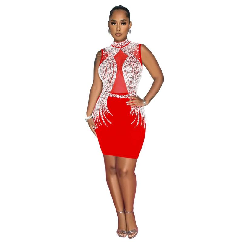 Red Sleeveless Mesh Crystal Bodycon Prom Party Mini Dress