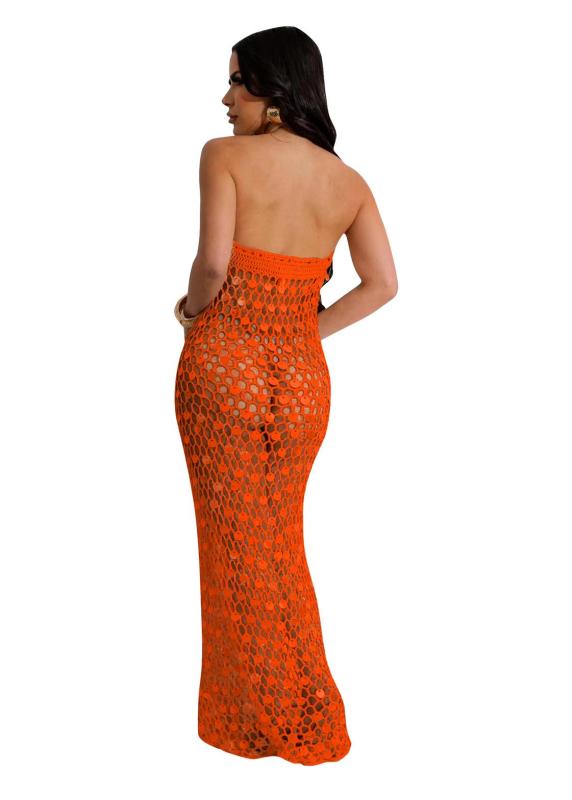 Orange Off Shoulder Knitted Sequins Hollow Sexy Cover Ups Beach Wear Dress