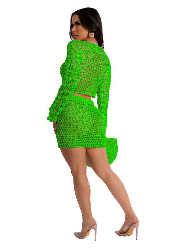 Green Sequins Long Sleeve Knitting Crop Tops Sexy Hollow Pleated Skirt Dress