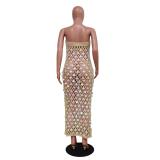 Beige Off Shoulder Knitted Sequins Hollow Sexy Cover Ups Beach Wear Dress