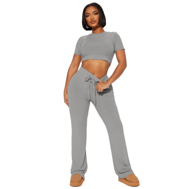 Gray Short Sleeve O Neck Crop Tops Two Pieces Long Pant Sets Dress