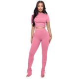 Pink Short Sleeve Two Pieces Pleated Crop Tops Thread Pant Sets Dress