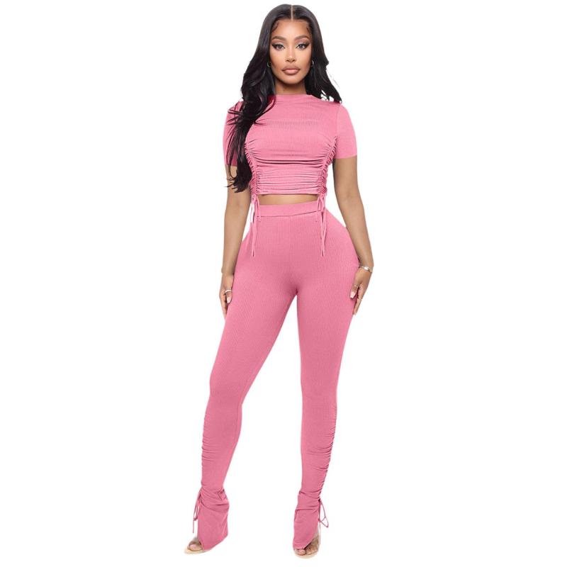 Pink Short Sleeve Two Pieces Pleated Crop Tops Thread Pant Sets Dress