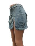 Blue Cut Out Pockets Jeans Women Short Dress