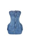 Blue Denim Off Shoulder Zipper Button Jeans Mini Dress
