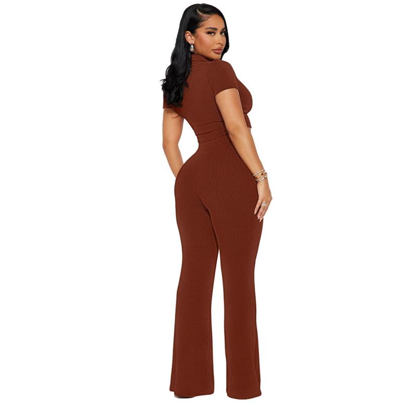 Brown Short Sleeve Thread Crop Tops Two Pieces Pant Sets Dress