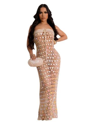 Beige Off Shoulder Knitted Sequins Hollow Sexy Cover Ups Beach Wear Dress