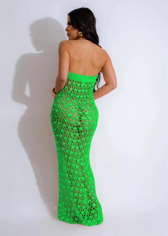Green Off Shoulder Knitted Sequins Hollow Sexy Cover Ups Beach Wear Dress
