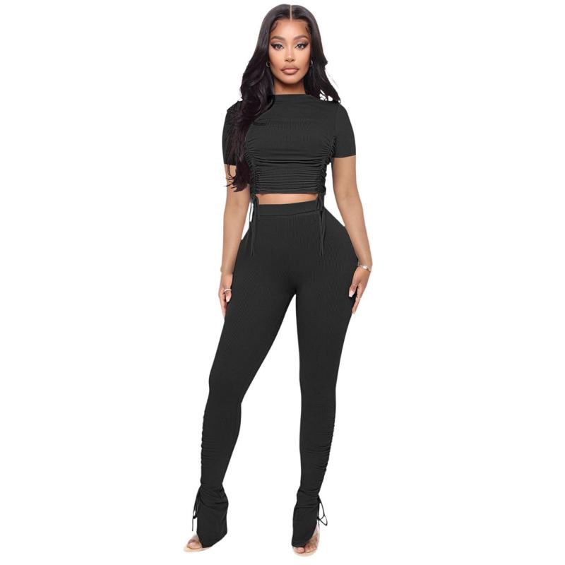 Black Short Sleeve Two Pieces Pleated Crop Tops Thread Pant Sets Dress