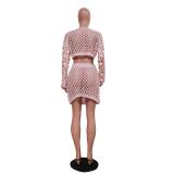Pink Sequins Long Sleeve Knitting Crop Tops Sexy Hollow Pleated Skirt Dress