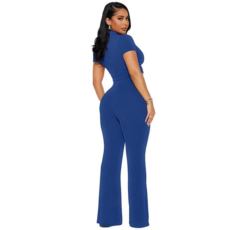 Blue Short Sleeve Thread Crop Tops Two Pieces Pant Sets Dress