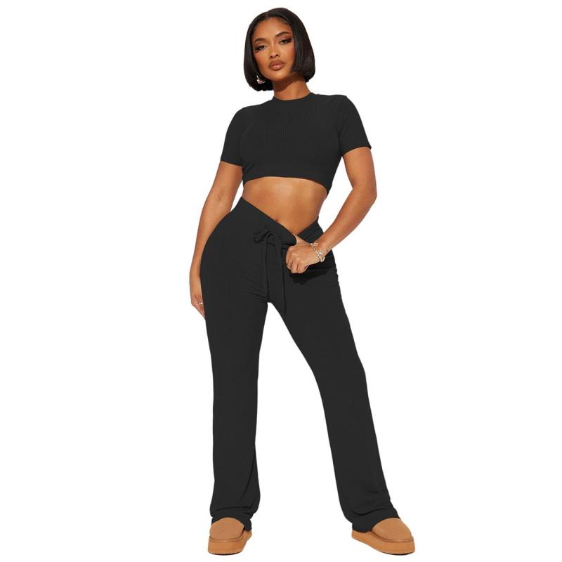 Black Short Sleeve O Neck Crop Tops Two Pieces Long Pant Sets Dress
