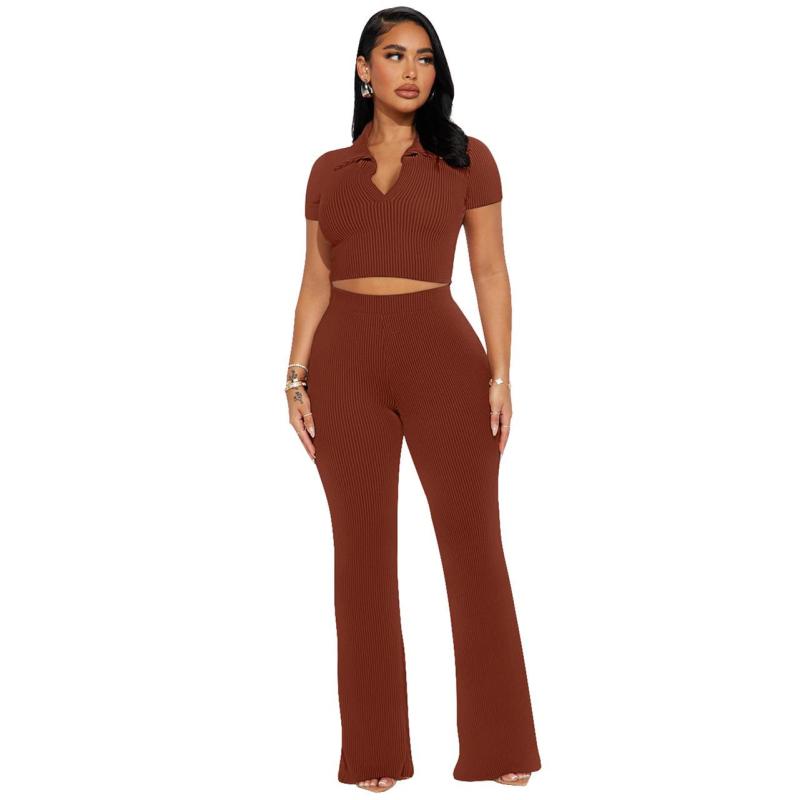Brown Short Sleeve Thread Crop Tops Two Pieces Pant Sets Dress