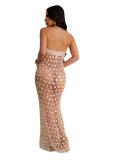 Beige Off Shoulder Knitted Sequins Hollow Sexy Cover Ups Beach Wear Dress